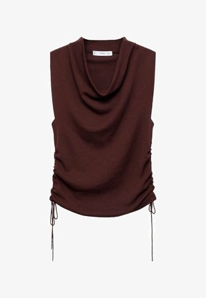 Haut sans manches marron avec un col drapé, en tissu texturé, fronces sur les côtés et cordons ajustables à l'ourlet.