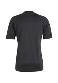 Black athletic short-sleeve shirt, made of moisture-wicking fabric, featuring a crew neck and raglan sleeves for ease of movement.