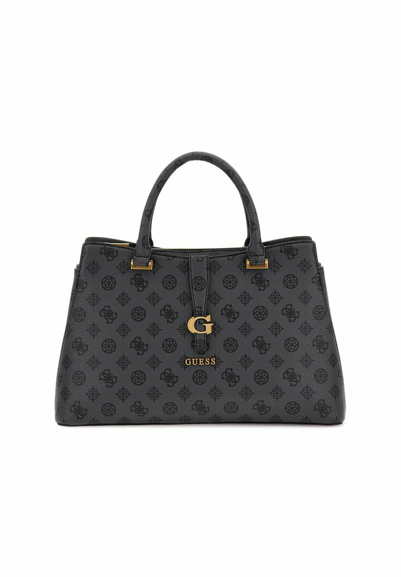 Borsa a tracolla in pelle nera con motivo in rilievo del logo, doppi manici superiori, dettagli in hardware dorato e cuciture dettagliate.