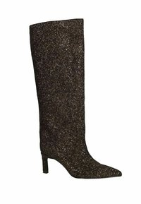 Bottes montantes avec un bout pointu, recouvertes de matériau étincelant noir et argenté, dotées d'un talon fin de 3 pouces et d'une finition lisse.