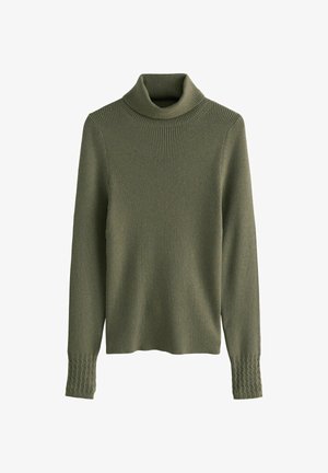 Olíva zöld bordázott garbó pulóver hosszú ujjal, texturált mandzsettákkal és laza szabással. Puha kötött anyag a kényelemért.