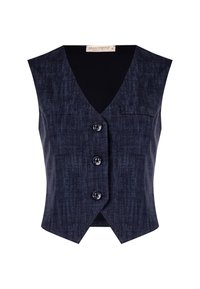 Gilet in denim scuro senza maniche con scollatura a V profonda, chiusura a cinque bottoni, taschino frontale piccolo e vestibilità strutturata.