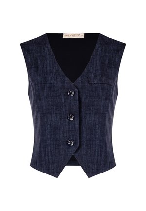 Ärmlose dunkle Denim-Weste mit tiefem V-Ausschnitt, fünf Knöpfen, kleiner Fronttasche und strukturierter Passform.