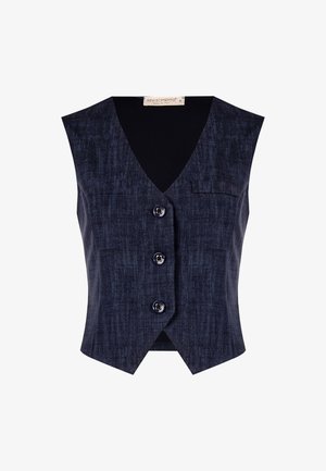 Ärmlose dunkle Denim-Weste mit tiefem V-Ausschnitt, fünf Knöpfen, kleiner Fronttasche und strukturierter Passform.