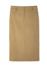Gonna a matita marrone di lunghezza al ginocchio realizzata in tessuto testurizzato, con una vita liscia e uno spacco posteriore, dotata di due tasche frontali.