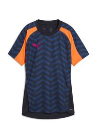 Tummansininen ja oranssi lyhythihainen urheilupaita, jossa on kalastaja-kuvio, pieni vaaleanpunainen logo ja mustia yksityiskohtia. Valmistettu kosteusjohtavasta materiaalista.