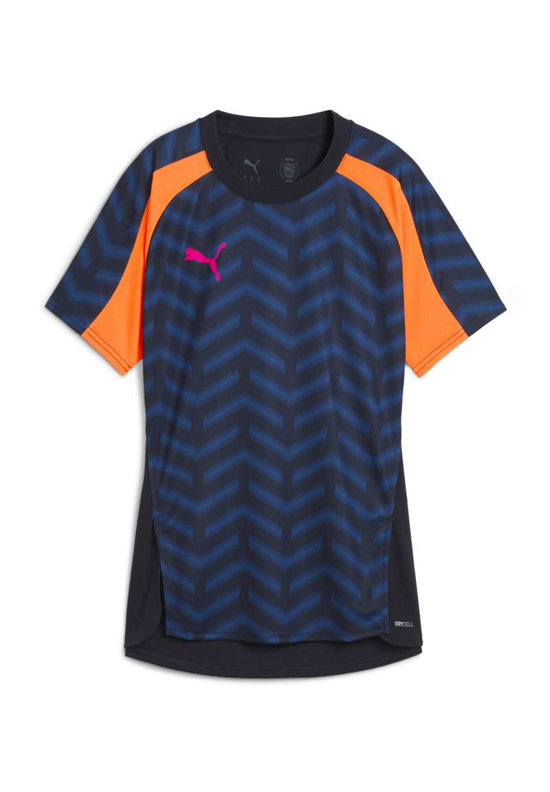 Tummansininen ja oranssi lyhythihainen urheilupaita, jossa on kalastaja-kuvio, pieni vaaleanpunainen logo ja mustia yksityiskohtia. Valmistettu kosteusjohtavasta materiaalista.