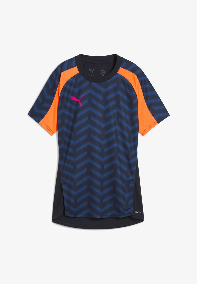 Tummansininen ja oranssi lyhythihainen urheilupaita, jossa on kalastaja-kuvio, pieni vaaleanpunainen logo ja mustia yksityiskohtia. Valmistettu kosteusjohtavasta materiaalista.