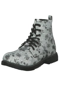 Szare botki za kostkę w kwiatowy wzór z czarnymi sznurówkami, o teksturowanym wykończeniu i gumowej podeszwie zapewniającej przyczepność. Wyróżniający się detal kwiatowego wzoru.