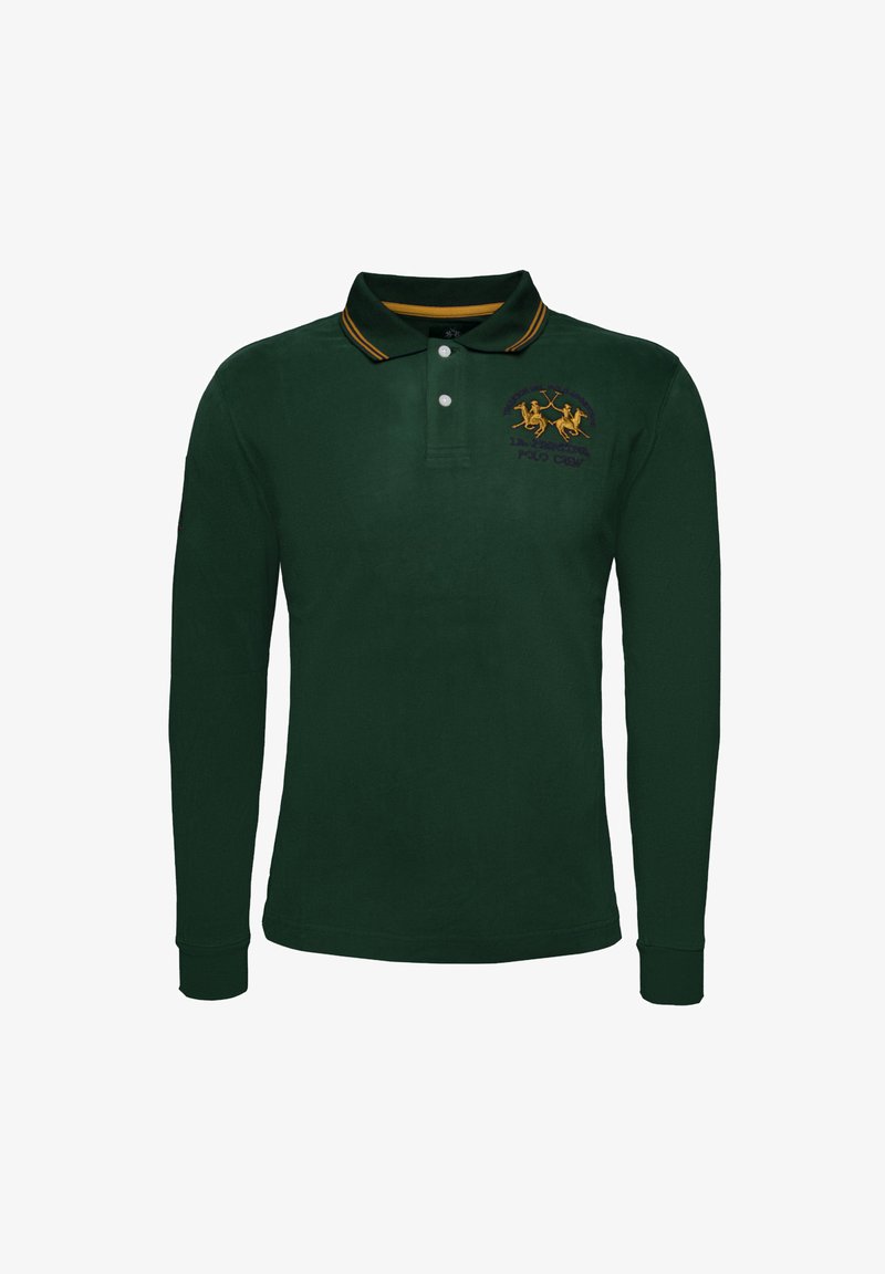 Polo a maniche lunghe di colore verde scuro realizzato in cotone. Presenta un colletto con accenti gialli e un logo ricamato in giallo e viola.