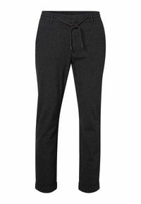 Donkergrijze broek met een trekkoord in de taille, recht model, opgerolde cuffs en een gestructureerde stof voor extra detail.