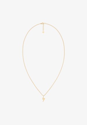 Collier en chaîne couleur or avec un pendentif en forme d'éclair. La chaîne présente un design délicat et texturé, avec un fermoir et une extension.