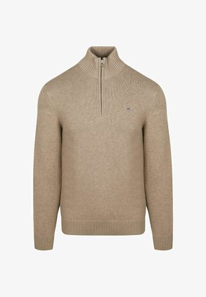 Beiger Strickpullover mit Reißverschluss am Hals aus geripptem Strickstoff. Verfügt über einen hohen Kragen sowie gerippte Bündchen und Saum. Kleines Logo auf der linken Brust.