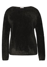 Maglione nero a maniche lunghe realizzato in materiale morbido e peloso. Presenta un colletto rotondo e una vestibilità regolare. Senza motivi o hardware notevoli.