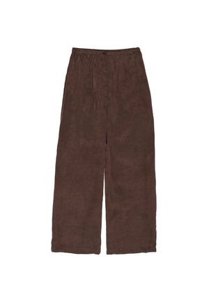 Braune Leinenhose mit lockerer Passform, elastischem Bund, frontalen Falten und weitem Bein. Glatte Textur in einfarbiger Ausführung.