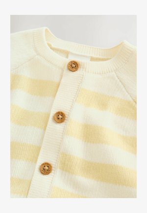 Cardigan cu dungi galben deschis și alb, textură reiată, cu trei nasturi din lemn și decolteu rotund. Material tricotat moale.