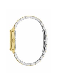 Reloj en tonos dorado y plateado con caja rectangular y pulsera de eslabones de metal mixto. Cuenta con un bisel texturizado y acentos pulidos.