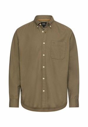 Button-up long-sleeve olive green shirt with a chest pocket, buttoned collar, and curved hem.