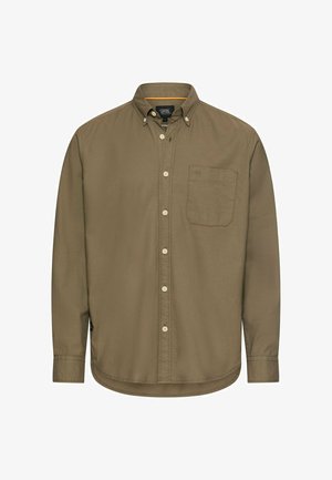 Knopfverschluss-Hemd mit langen Ärmeln in Olivgrün, mit Brusttasche, geknöpftem Kragen und abgerundetem Saum.