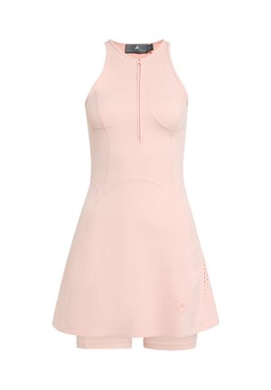 Hellrosa ärmelloses Sportkleid mit Frontreißverschluss, tailliertem Oberteil, ausgestelltem Rock und darunter befestigten Shorts.