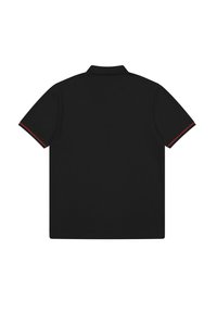 Zwarte polo met korte mouwen, voorzien van rode accenten op de manchetten. Gemaakt van een gladde, lichte stof. Klassiek kraagontwerp.