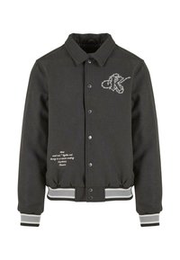 Dark grey bomber jacket with a button front, ribbed cuffs and hem, featuring a white embroidered letter "K" and text detail on the lower side.
