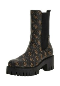 Stivale alla caviglia nero con tacco grosso, motivo a logo marrone, pannello laterale elastico, linguetta e suola robusta e spessa.