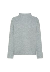 Pullover grigio chiaro a coste con collo alto, maniche lunghe e polsini arrotolati, realizzato in un morbido tessuto testurizzato. Senza motivi o dettagli visibili.