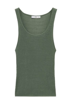 Temno zelena rebrasta majica brez rokavov s širokim izrezom. Material ima teksturirano pleteno zasnovo. Oznaka pravi "MNG."