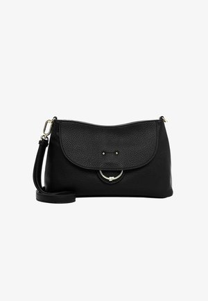 Black leather handbag with a textured finish, curved flap, gold-tone hardware, and a detachable shoulder strap. Compact and structured design.