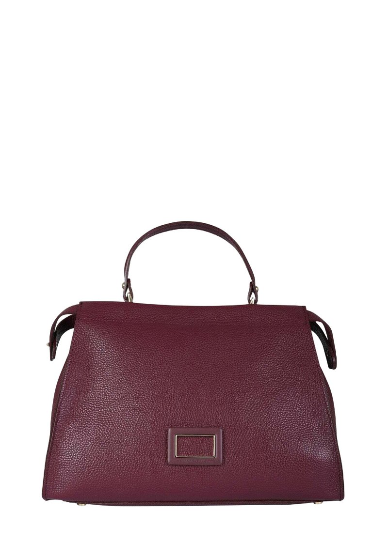 Borsa a mano in pelle color bordeaux con forma strutturata, dotata di manico superiore e dettaglio in metallo frontale. Finitura testurizzata.