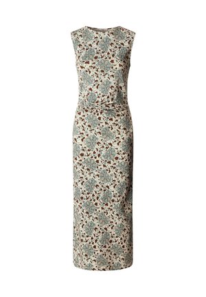 Abito midi senza maniche con sfondo beige e motivo floreale in verde e marrone, con scollo rotondo e vita aderente.