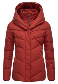Red puffer jacket with a large, adjustable hood. Features a zippered front and quilted pattern for insulation. Soft fabric with smooth texture.
