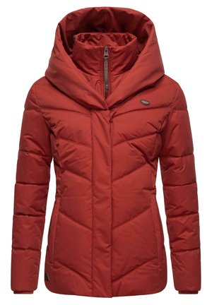 Red puffer jacket with a large, adjustable hood. Features a zippered front and quilted pattern for insulation. Soft fabric with smooth texture.