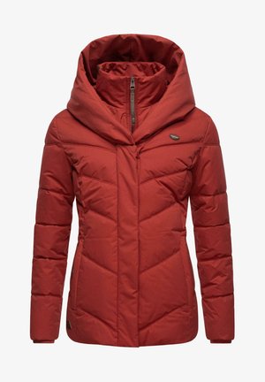 Red puffer jacket with a large, adjustable hood. Features a zippered front and quilted pattern for insulation. Soft fabric with smooth texture.