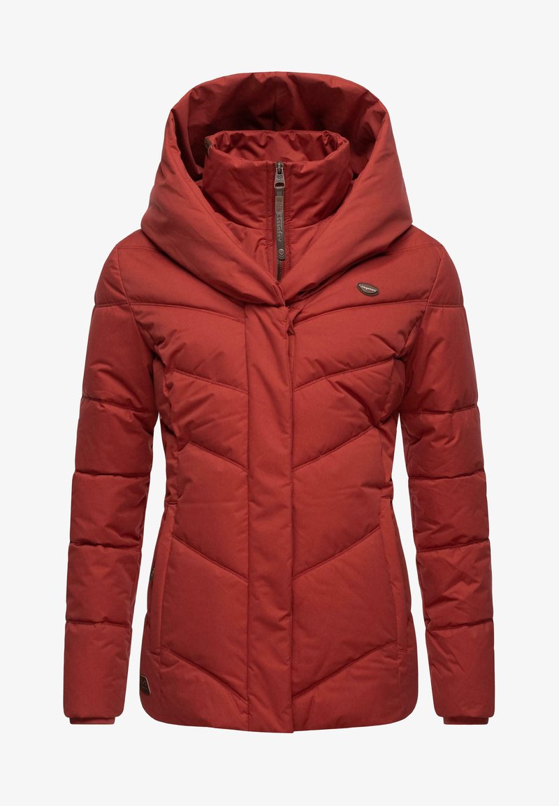 Red puffer jacket with a large, adjustable hood. Features a zippered front and quilted pattern for insulation. Soft fabric with smooth texture.
