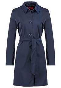 Trench-coat bleu marine à manches longues, fermeture à boutons, col et ceinture en tissu nouée à la taille.