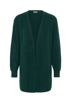 Cardigan tricoté vert avec un design à l'avant ouvert, des manches longues et un tissu texturé. Il présente une coupe décontractée et des détails côtelés aux poignets.