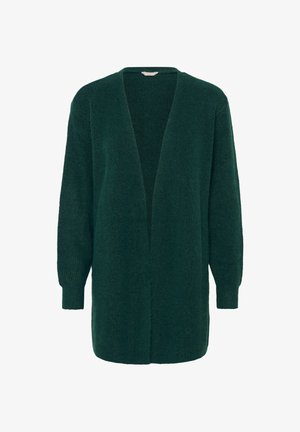 Cardigan tricoté vert avec un design à l'avant ouvert, des manches longues et un tissu texturé. Il présente une coupe décontractée et des détails côtelés aux poignets.