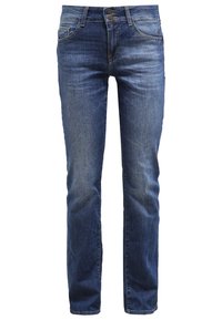 Siniset farkut suoraan istuvuudella, joissa on viisi taskua ja kevyttä kulutusta jaloissa. Varustettu nappi- ja vetoketjukiinnityksellä.