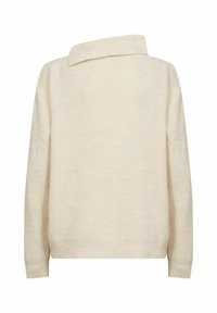 Světle béžový pletený svetr s měkkou texturou, oversize střihem a přeloženým límcem. Má dlouhé rukávy a uvolněnou siluetu.