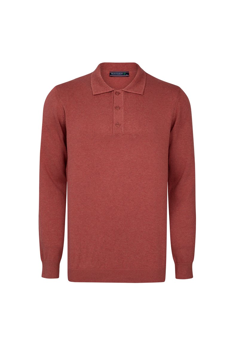 Camisa polo roja de manga larga hecha de una tela suave, con una tapeta de botones y un cuello acanalado, de color sólido y corte regular.