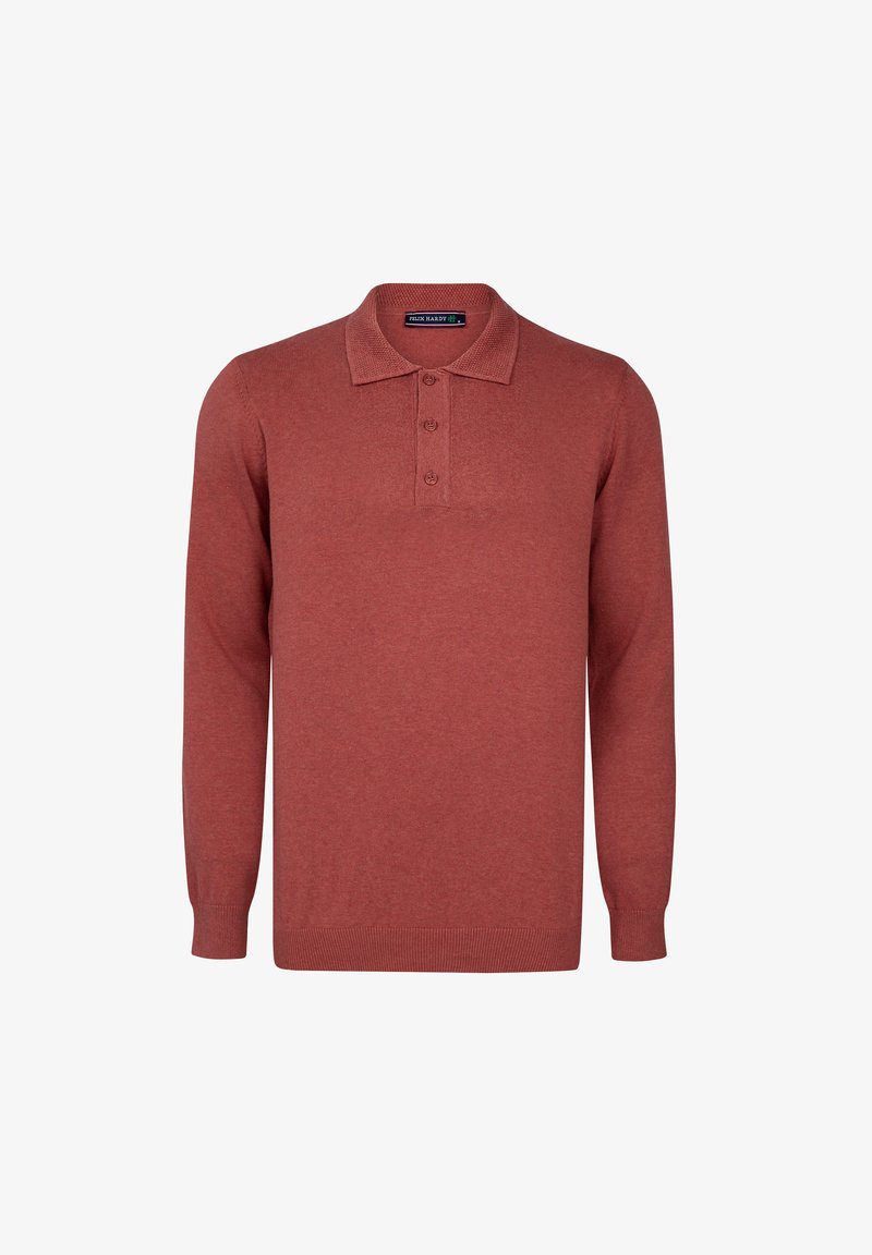 Punane pika varrukaga polo särk pehmest kangast, millel on nööbiga tõmblukk ja soonikkraed, ühtlane värv ja regulaarselt sobiv lõige.