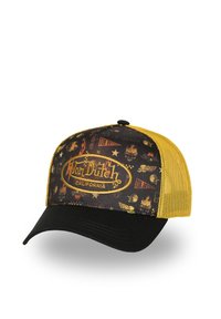 Casquette de baseball Von Dutch noire et jaune avec dos en mesh, ornée de flammes, crânes, étoiles et le texte du logo "Von Dutch California" sur le panneau avant.