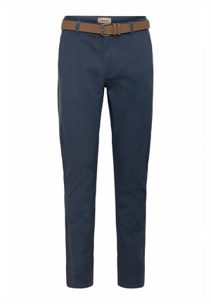 Pantaloni de culoare bleumarin dintr-un amestec de bumbac, cu o croială slim fit, bucle pentru curea și o curea din piele maro pentru un detaliu suplimentar.