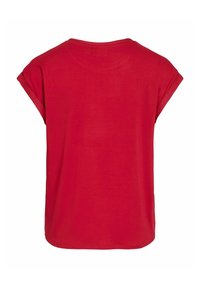 T-shirt rossa in cotone, con maniche corte arrotolate, scollatura tondeggiante, vestibilità comoda, texture liscia, design semplice, senza pattern o decorazioni.