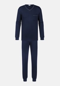 Ensemble de pyjama bleu marine en tissu doux, comprenant un haut à manches longues en V avec une poche poitrine et un pantalon assorti avec des poignets ajustés.