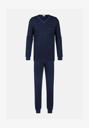 Dunkelblaue Pyjamahose aus weichem Stoff, mit einem V-Ausschnitt und langen Ärmeln, einer Brusttasche und passenden Hosen mit engen Bündchen.