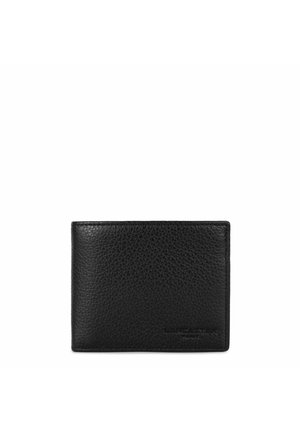 Black leather wallet with a textured finish, rectangular shape, and embossed branding on the lower right corner. Compact and minimalistic design.