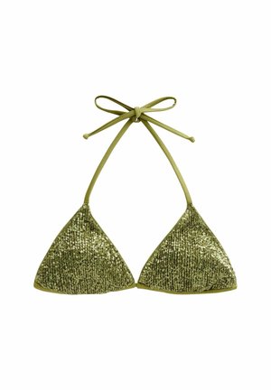Trójkątny biustonosz bikini pokryty zielonymi cekinami z wiązaniami na szyi w pasującym zielonym materiale, rozłożony na białym tle.